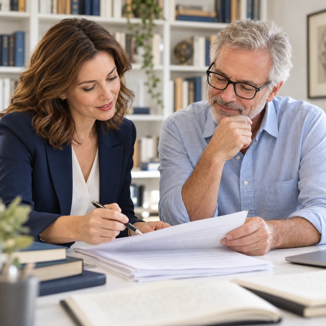 Consultora y autor conversando sobre un manuscrito