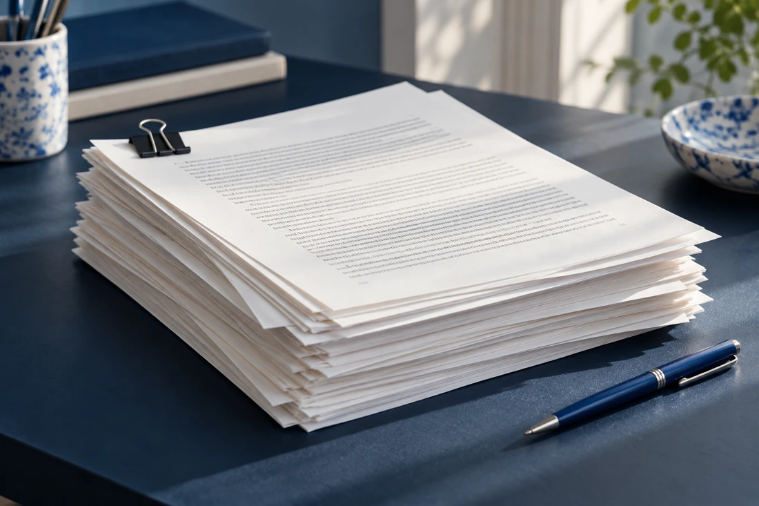 Páginas de un manuscrito apiladas sobre un escritorio